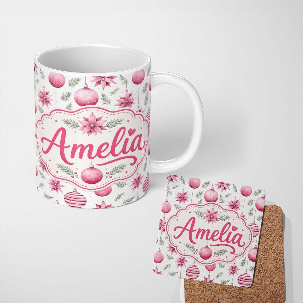Personalized Custom Name Watercolor Pink Christmas Baubles Poinsettia Floral Seamless  11oz Ceramic Coffee Tea Mug White Large Handle