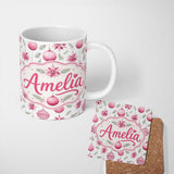 Personalized Custom Name Watercolor Pink Christmas Baubles Poinsettia Floral Seamless  11oz Ceramic Coffee Tea Mug White Large Handle