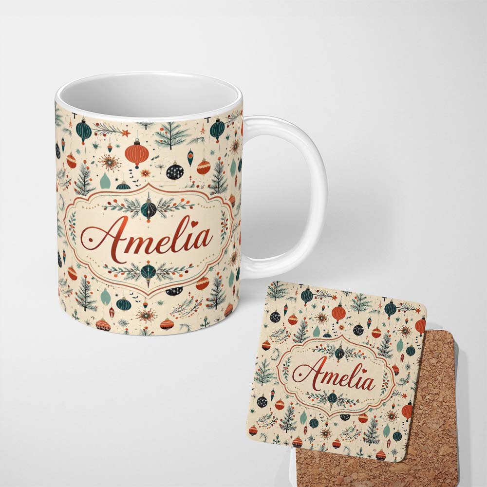 Personalized Custom Name Christmas Ornaments Trees Stars Mid Century Seamless Pattern Lovely 11oz Ceramic Coffee Tea Mug White Large Handle