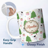Personalized Custom Name Cute Snowman Christmas Tree Candy Cane Gifts Seamless Pattern Lovely 11oz Ceramic Coffee Tea Mug White Large Handle