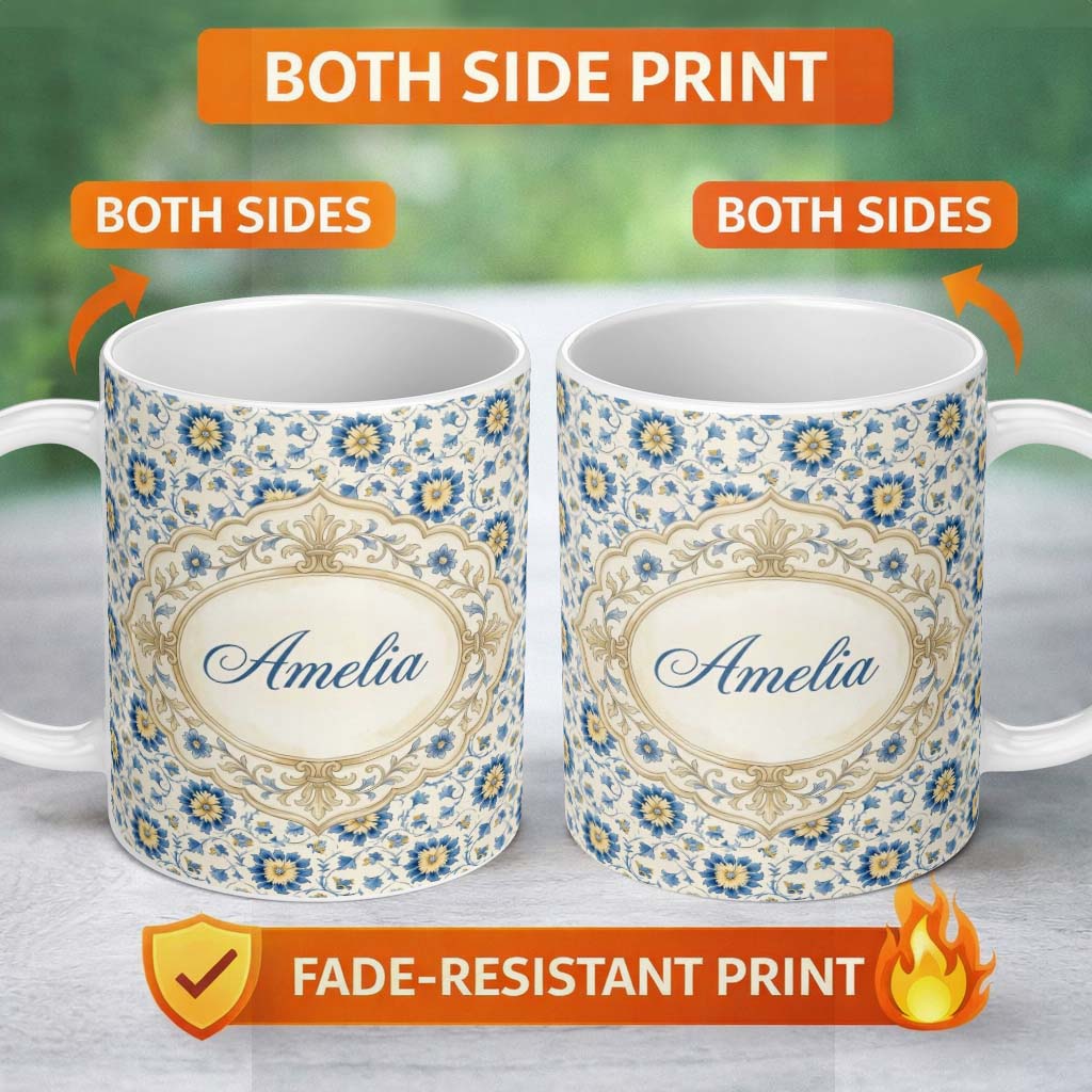 Personalized Custom Name Traditional Blue Floral Vine Pattern Cream Background Seamless 11oz Ceramic Coffee Tea Mug White Large Handle