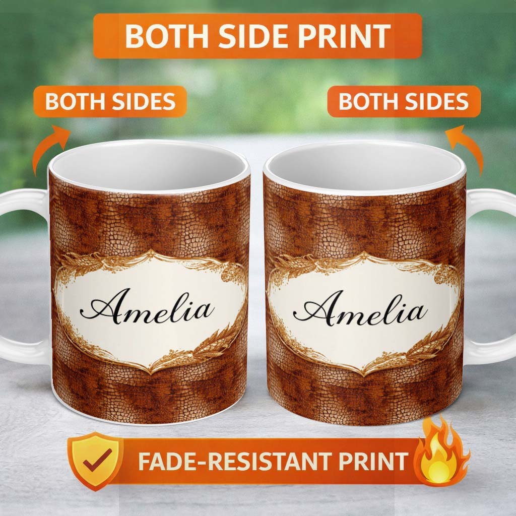 Personalized Custom Name Brown Crocodile Leather Texture Pattern Charming Kitchen Decor 11oz Ceramic Coffee Tea Mug White Large Handle