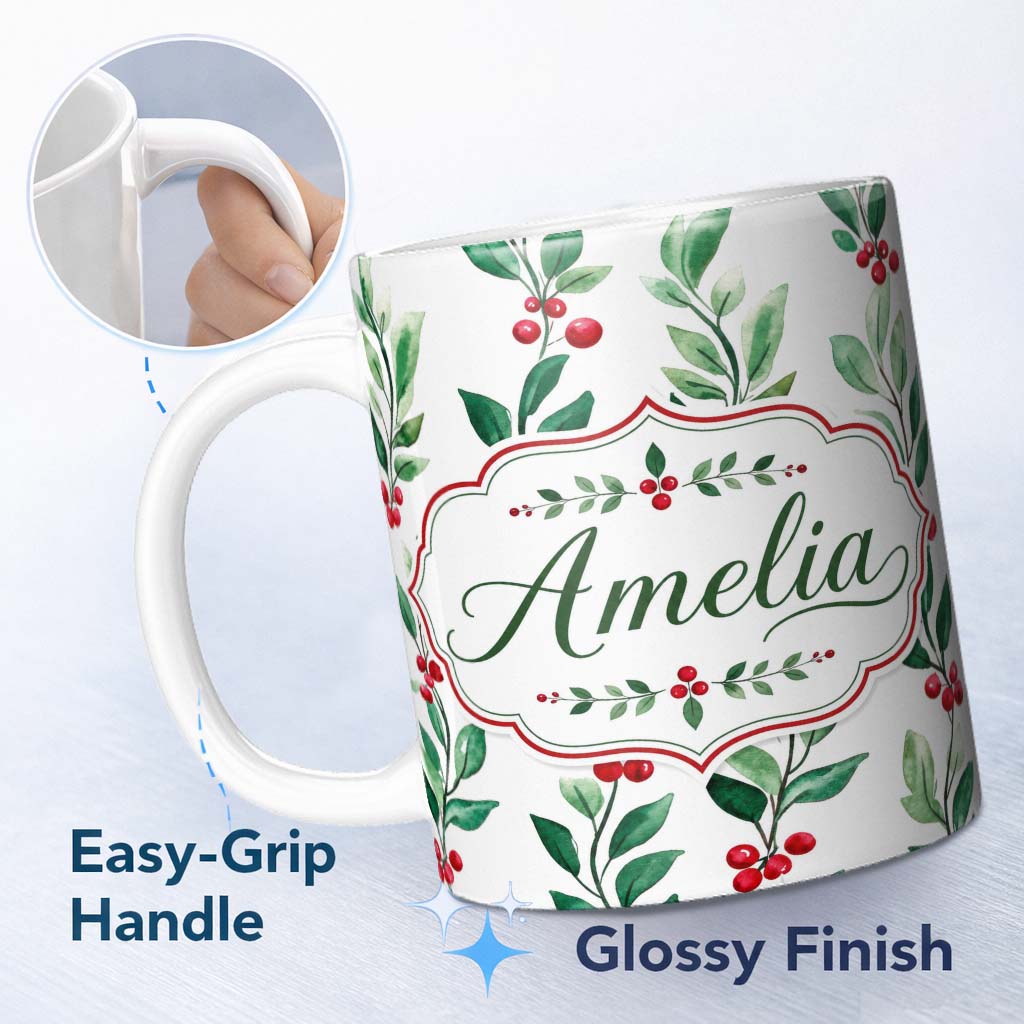 Personalized Custom Name Watercolor Winter Berry Branches Red Green Seamless Pattern Lovely 11oz Ceramic Coffee Tea Mug White Large Handle