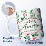 Personalized Custom Name Watercolor Winter Berry Branches Red Green Seamless Pattern Lovely 11oz Ceramic Coffee Tea Mug White Large Handle