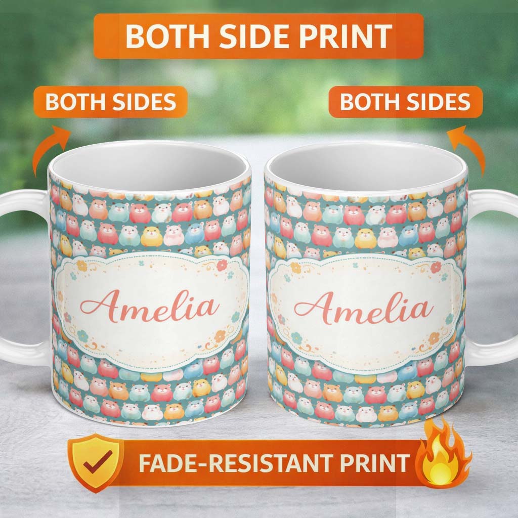 Personalized Custom Name Pastel Hamster Rows Cute Seamless Pattern Perfect Gift for Her 11oz Ceramic Coffee Tea Mug White Large Handle