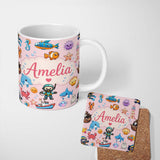 Personalized Custom Name Cartoon Ocean with various sea CreaturesSea Creatures on Blush Pink 11oz Ceramic Coffee Tea Mug White Large Handle