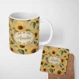 Personalized Custom Name Golden Sunflower Floral Rustic Garden Seamless Pattern Lovely 11oz Ceramic Coffee Tea Mug White Large Handle