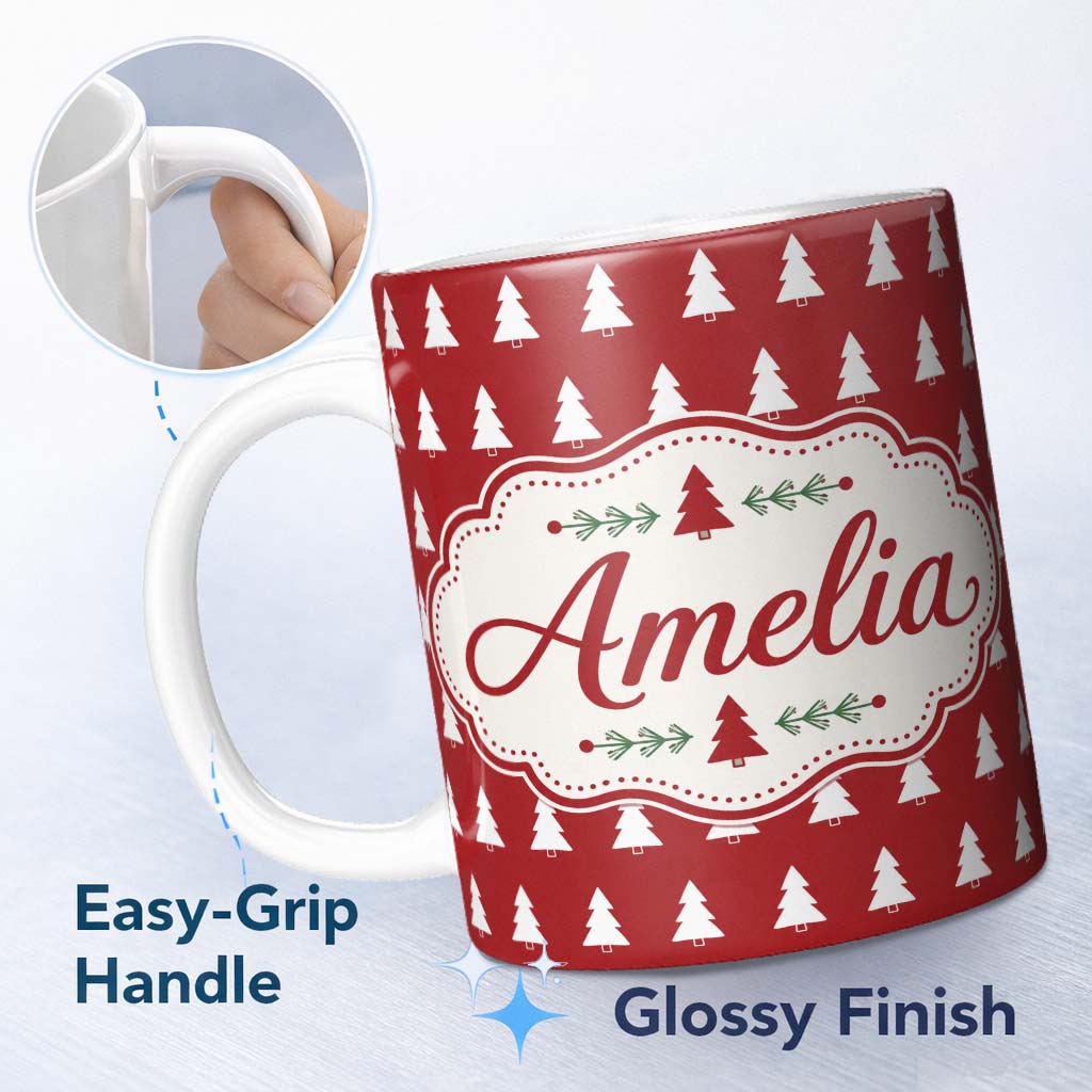 Personalized Custom Name Simple White Christmas Trees Red Background Seamless Pattern Lovely 11oz Ceramic Coffee Tea Mug White Large Handle
