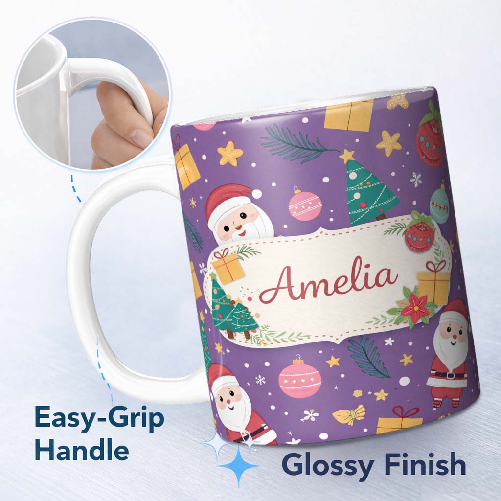 Personalized Custom Name Cute Christmas Santa Tree Gift Cartoon Seamless Pattern Lovely 11oz Ceramic Coffee Tea Mug White Large Handle
