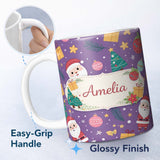 Personalized Custom Name Cute Christmas Santa Tree Gift Cartoon Seamless Pattern Lovely 11oz Ceramic Coffee Tea Mug White Large Handle