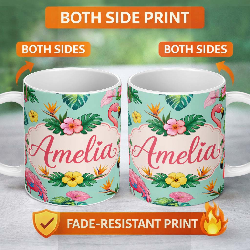 Personalized Custom Name Tropical Flamingo Bird with Exotic Flowers Leaves Pattern Mint 11oz Ceramic Coffee Tea Mug White Large Handle
