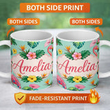 Personalized Custom Name Tropical Flamingo Bird with Exotic Flowers Leaves Pattern Mint 11oz Ceramic Coffee Tea Mug White Large Handle