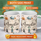 Personalized Custom Name Halloween Zombie Mummy Vampire Bat Spooky Neutral Seamless Pattern 11oz Ceramic Coffee Tea Mug White Large Handle