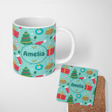 Personalized Custom Name Christmas Tree Baubles Gifts Mug Candy Cane Festive Holiday Seamless 11oz Ceramic Coffee Tea Mug White Large Handle