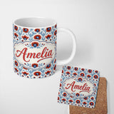 Personalized Custom Name William Morris Style Poppy Floral Pattern Vintage Botanical Seamless 11oz Ceramic Coffee Tea Mug White Large Handle