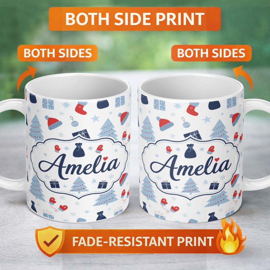 Personalized Custom Name Winter Christmas Trees Gifts Mittens Seamless Pattern Lovely 11oz Ceramic Coffee Tea Mug White Large Handle