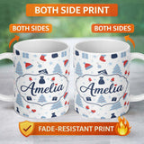 Personalized Custom Name Winter Christmas Trees Gifts Mittens Seamless Pattern Lovely 11oz Ceramic Coffee Tea Mug White Large Handle