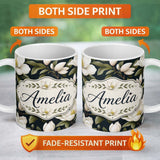 Personalized Custom Name White Magnolia Floral Design on Dark Background Seamless Pattern 11oz Ceramic Coffee Tea Mug White Large Handle