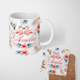 Personalized Custom Name Elegant Pink Flamingos Tropical Flowers on Pale Grey Background 11oz Ceramic Coffee Tea Mug White Large Handle