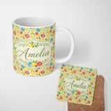 Personalized Custom Name Bright Watercolor Citrus Slice and Tropical Fruit Seamless Pattern 11oz Ceramic Coffee Tea Mug White Large Handle