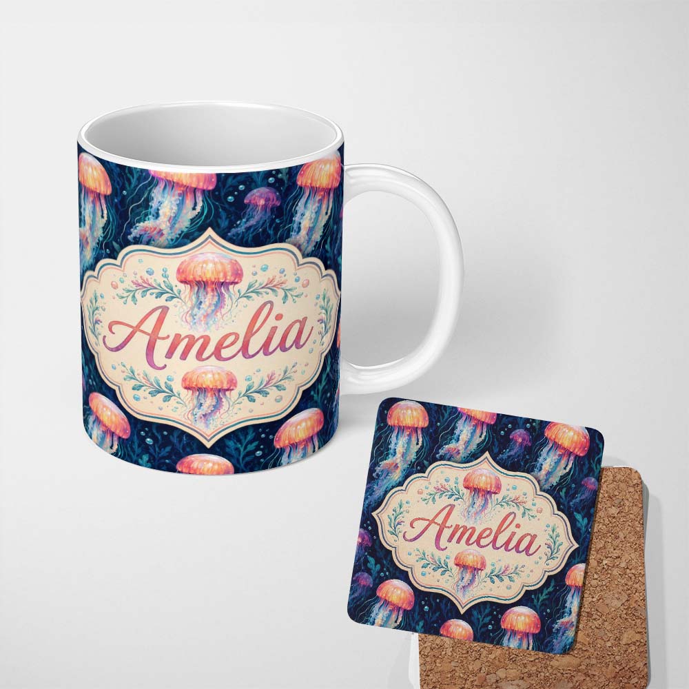 Personalized Custom Name Glowing Jellyfish in Deep Ocean Blue Seamless Underwater Pattern 11oz Ceramic Coffee Tea Mug White Large Handle