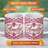 Personalized Custom Name Stylish Pink Art Deco Fan Motif Seamless Pattern Cute Unique Gift 11oz Ceramic Coffee Tea Mug White Large Handle