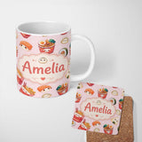 Personalized Custom Name Cute Kawaii Sushi Ramen Dumpling Food Pink Background Seamless 11oz Ceramic Coffee Tea Mug White Large Handle