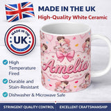 Personalized Custom Name Romantic Couple Kissing Floral Bouquet Hearts Pattern Pink Hearts 11oz Ceramic Coffee Tea Mug White Large Handle