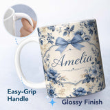 Personalized Custom Name Classic Blue & Cream Floral Vintage Botanical Pattern Lovely 11oz Ceramic Coffee Tea Mug White Large Handle