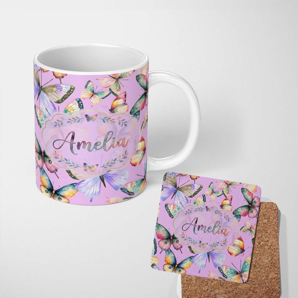 Personalized Custom Name Pastel Watercolor Butterflies Lavender Background Seamless Pattern 11oz Ceramic Coffee Tea Mug White Large Handle