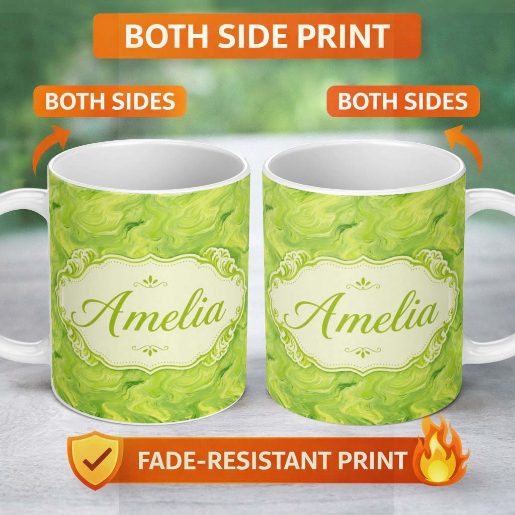 Personalized Custom Name Fluid Green Marble Swirl Abstract Seamless Pattern Modern Design 11oz Ceramic Coffee Tea Mug White Large Handle