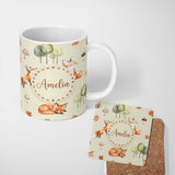 Personalized Custom Name Watercolor Woodland Fox Mushroom Autumn Seamless Pattern on Beige 11oz Ceramic Coffee Tea Mug White Large Handle