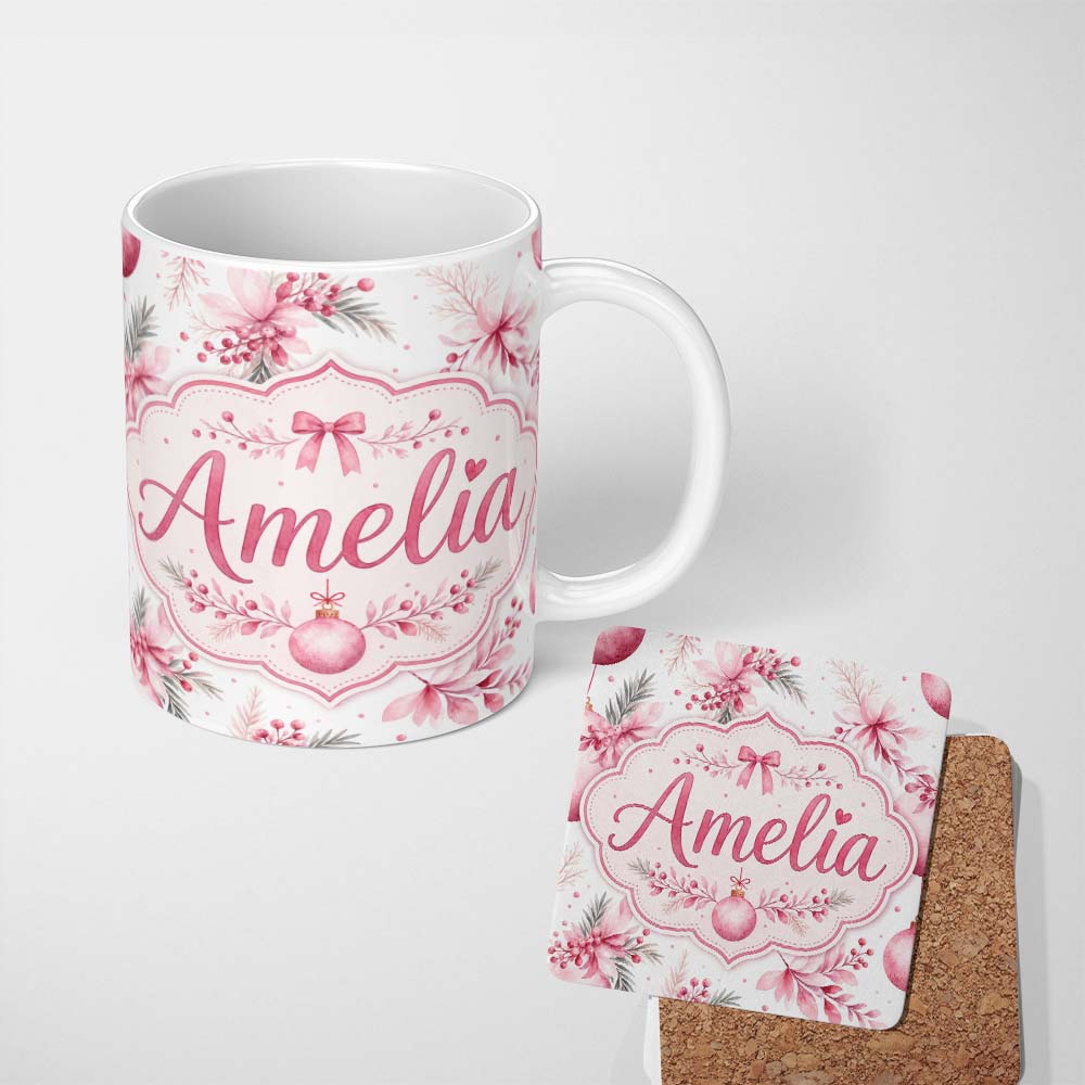 Personalized Custom Name Elegant Pink Floral Christmas Bauble Watercolor Seamless Pattern 11oz Ceramic Coffee Tea Mug White Large Handle