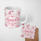 Personalized Custom Name Elegant Pink Floral Christmas Bauble Watercolor Seamless Pattern 11oz Ceramic Coffee Tea Mug White Large Handle