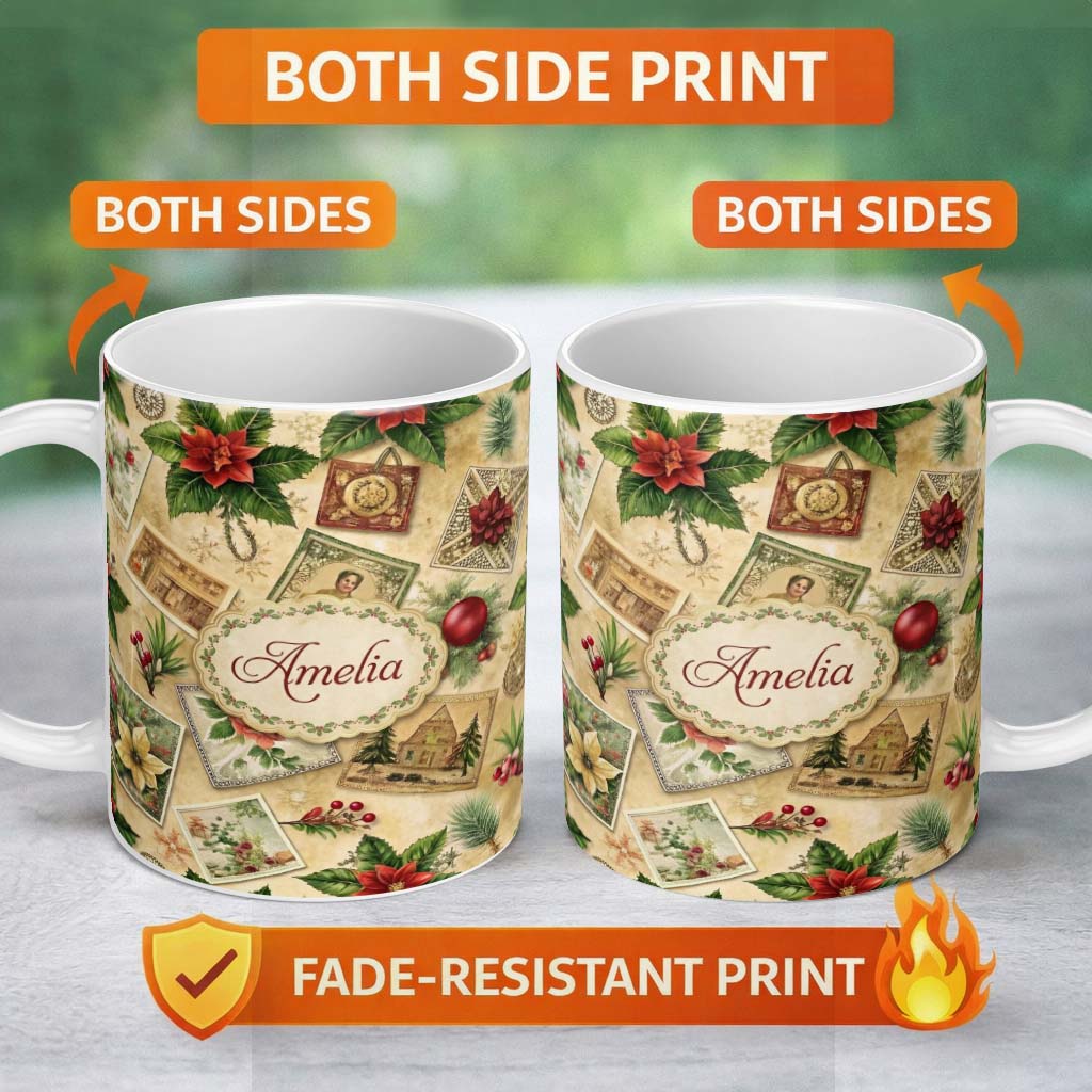 Personalized Custom Name Vintage Christmas Postcards with Poinsettia Holly and Ornaments 11oz Ceramic Coffee Tea Mug White Large Handle