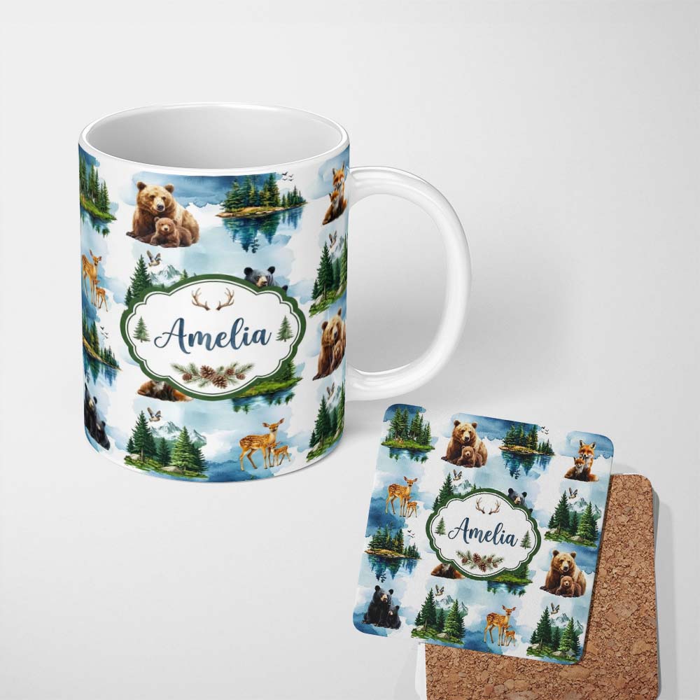 Personalized Custom Name Woodland Animals Forest Watercolor Pattern Cute Unique Gift Lovely 11oz Ceramic Coffee Tea Mug White Large Handle