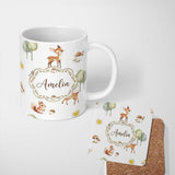Personalized Custom Name Woodland Animals Deer Fox Squirrel Mushrooms on Soft Grey Seamless 11oz Ceramic Coffee Tea Mug White Large Handle