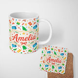 Personalized Custom Name Watercolor Christmas Tree Gingerbread Gift Seamless Pattern Lovely 11oz Ceramic Coffee Tea Mug White Large Handle