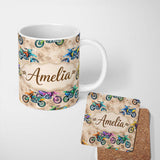 Personalized Custom Name Colorful Kids Dirt Bike Motocross Seamless Pattern on Beige Lovely 11oz Ceramic Coffee Tea Mug White Large Handle