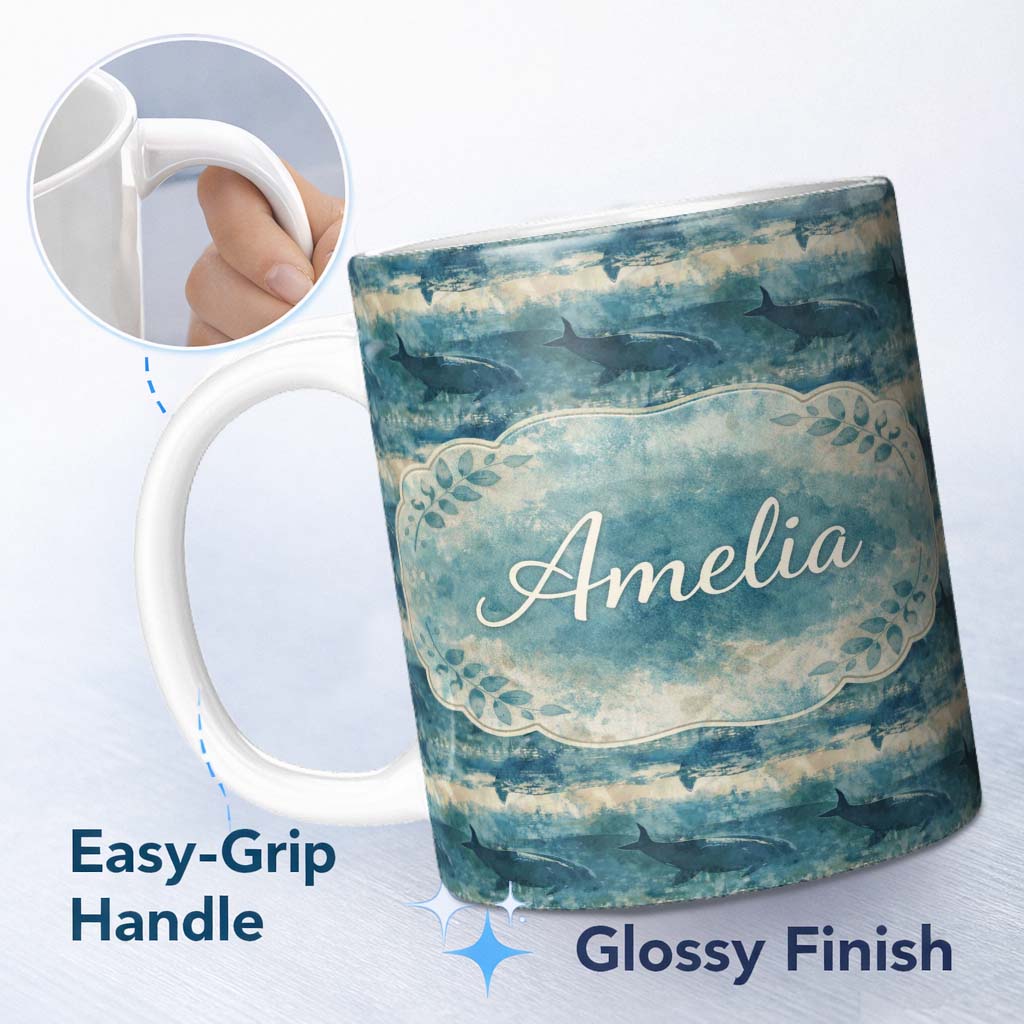 Personalized Custom Name Vintage Ocean Whale Seamless Pattern Textured Marine Animal Design 11oz Ceramic Coffee Tea Mug White Large Handle