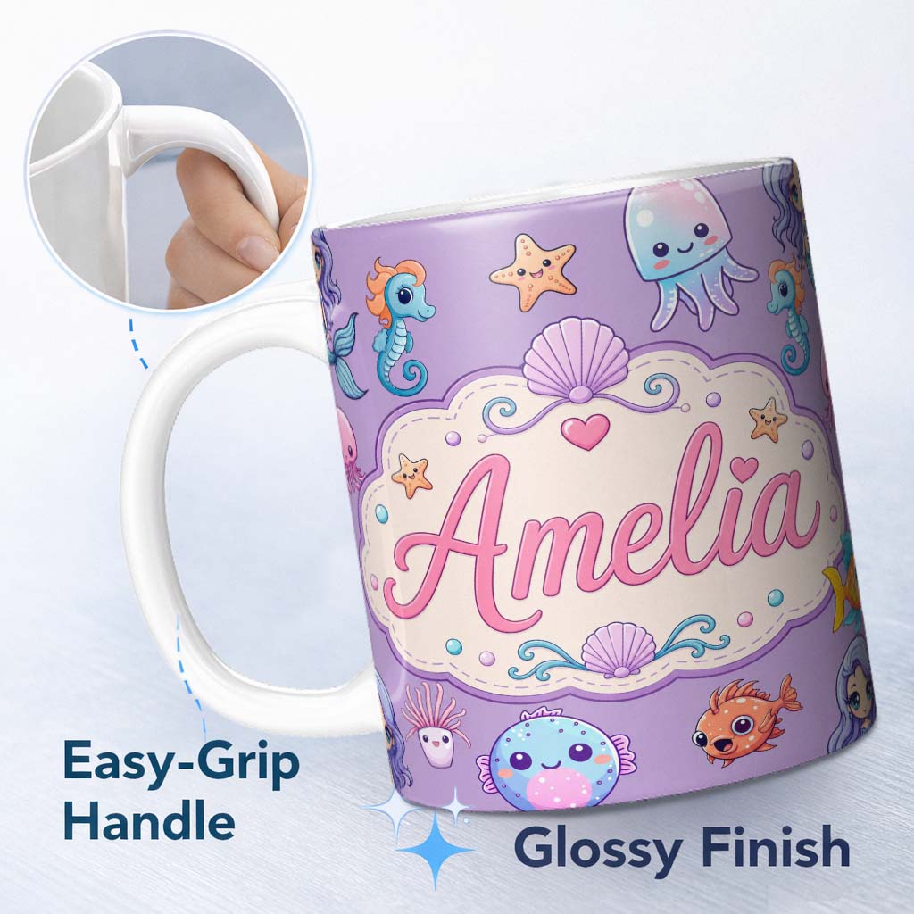 Personalized Custom Name Cute Kawaii Mermaid Seahorse Jellyfish and Starfish Purple Lovely 11oz Ceramic Coffee Tea Mug White Large Handle