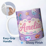Personalized Custom Name Cute Kawaii Mermaid Seahorse Jellyfish and Starfish Purple Lovely 11oz Ceramic Coffee Tea Mug White Large Handle