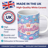 Personalized Custom Name Kawaii Jellyfish Puffer Fish Starfish Pastel Ocean Creatures Blue 11oz Ceramic Coffee Tea Mug White Large Handle