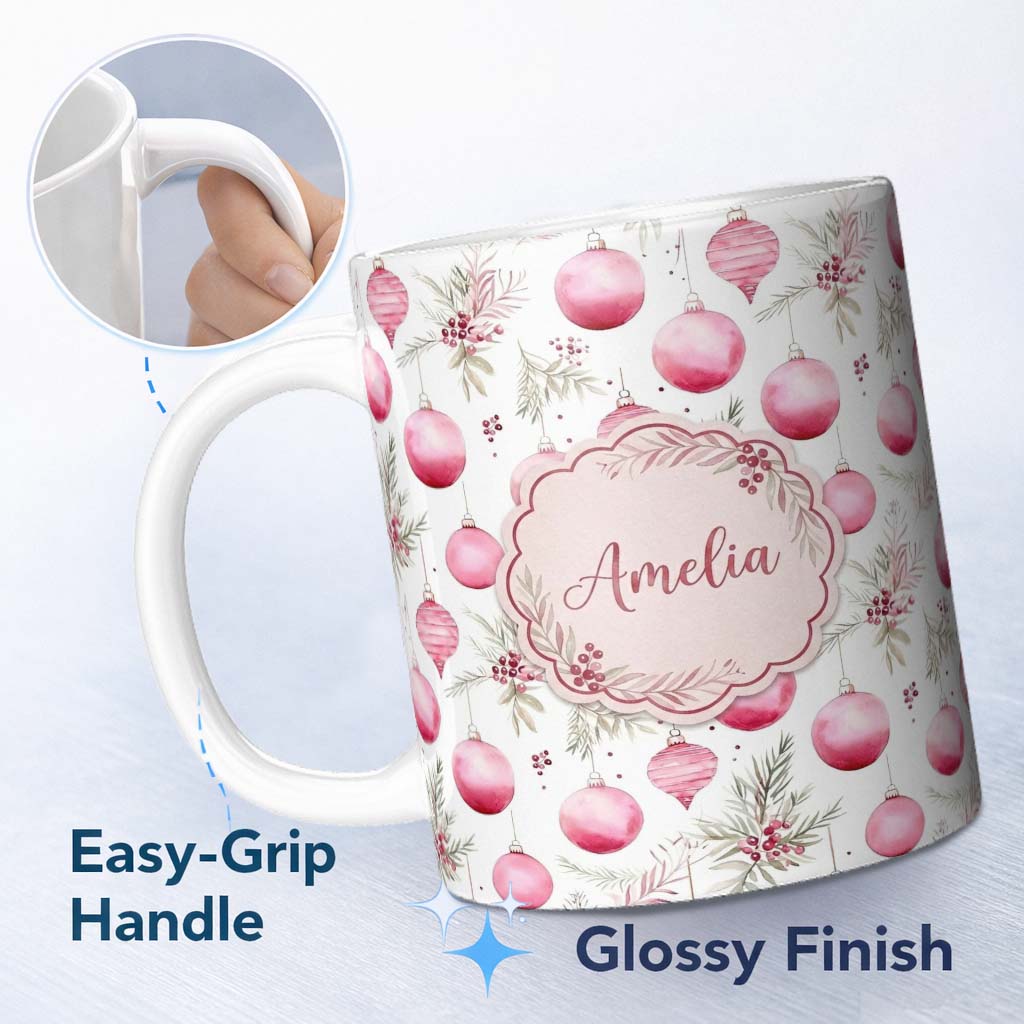 Personalized Custom Name Watercolor Pink Christmas Baubles Pine Leaves Seamless Pattern 11oz Ceramic Coffee Tea Mug White Large Handle