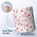 Personalized Custom Name Watercolor Pink Christmas Baubles Pine Leaves Seamless Pattern 11oz Ceramic Coffee Tea Mug White Large Handle