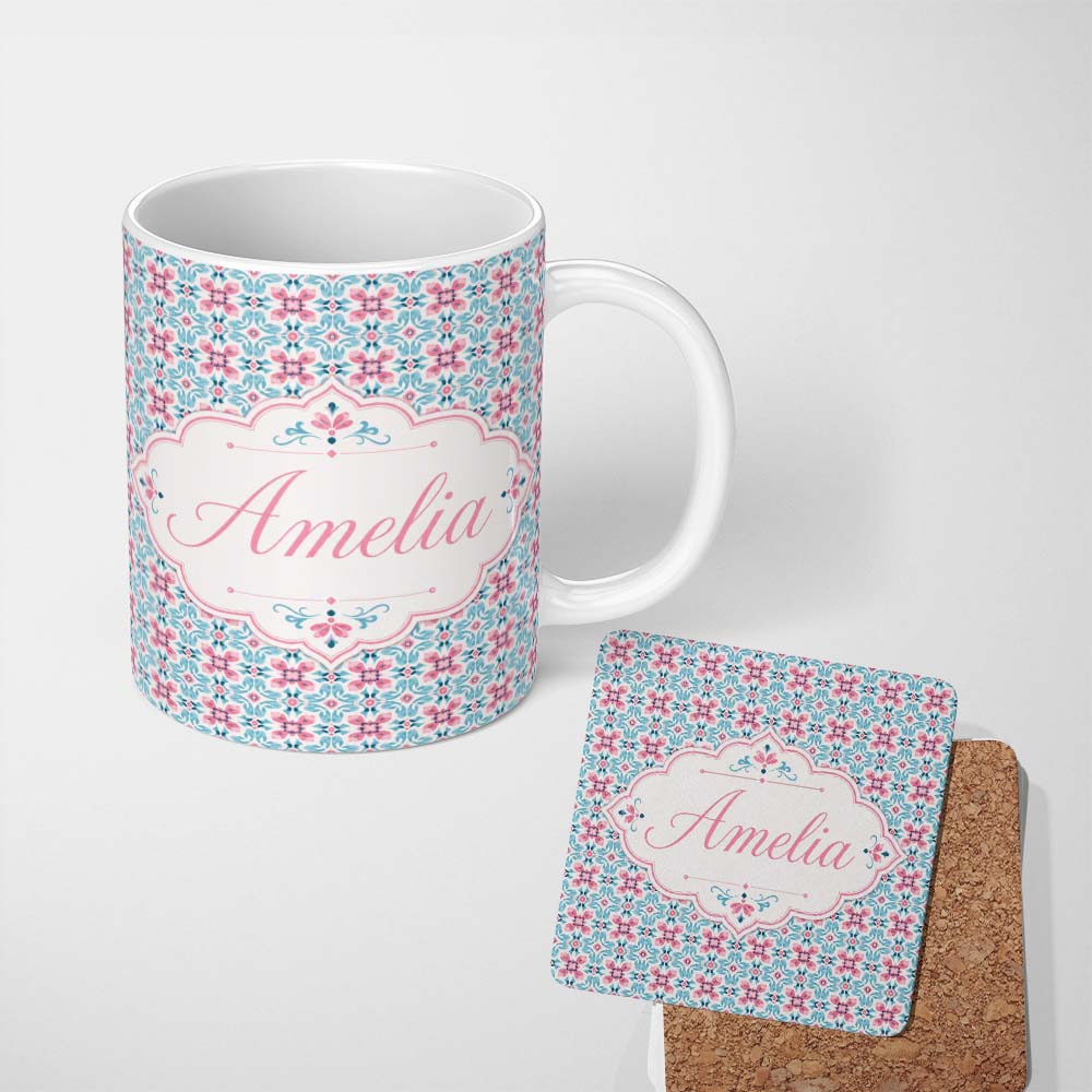 Personalized Custom Name Vintage Floral Tile in Soft Pink and Blue Symmetrical Design Lovely 11oz Ceramic Coffee Tea Mug White Large Handle