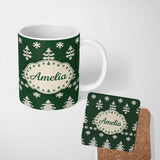 Personalized Custom Name Knitted Nordic Snowflake Christmas Tree Seamless Pattern Lovely 11oz Ceramic Coffee Tea Mug White Large Handle