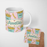 Personalized Custom Name Cute French Fries Cartoon Snack Seamless Pattern Teal Cups Pink 11oz Ceramic Coffee Tea Mug White Large Handle