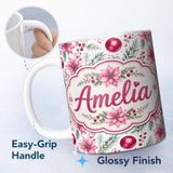 Personalized Custom Name Watercolor Poinsettia Berry Pine Christmas Seamless Pattern Lovely 11oz Ceramic Coffee Tea Mug White Large Handle