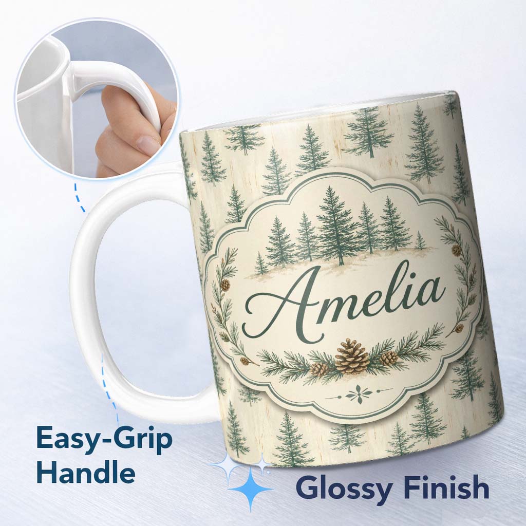 Personalized Custom Name Soft Green Pine Trees Rustic Wash Background Seamless Pattern Lovely 11oz Ceramic Coffee Tea Mug White Large Handle